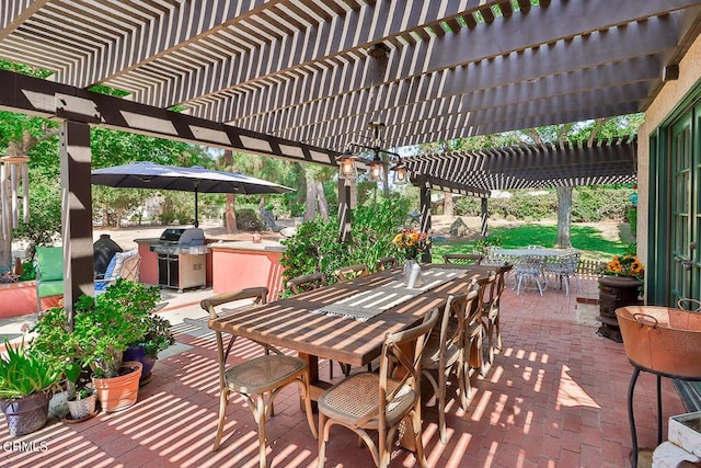 view of patio / terrace with a pergola and an outdoor kitchen