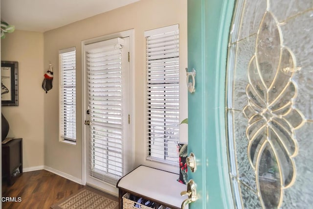 doorway to outside with plenty of natural light and dark wood-type flooring