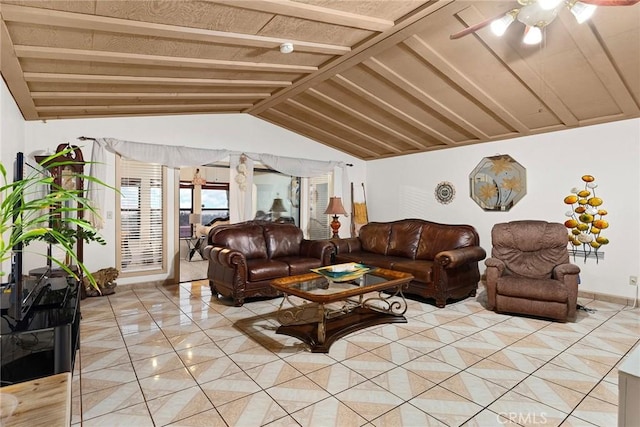 living room with ceiling fan, light tile patterned floors, lofted ceiling with beams, and wood ceiling