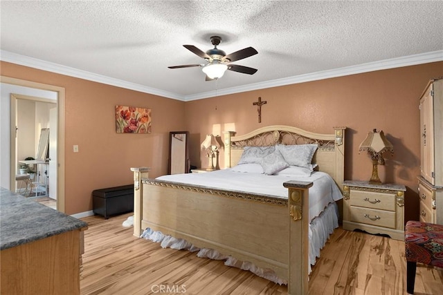 bedroom featuring a textured ceiling, ceiling fan, crown molding, and light hardwood / wood-style flooring