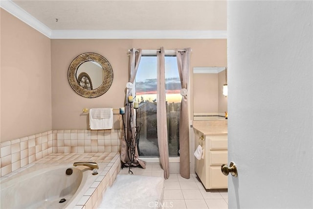 bathroom featuring ornamental molding, tile patterned floors, and tiled tub