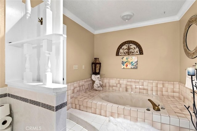 full bathroom with a bath and crown molding