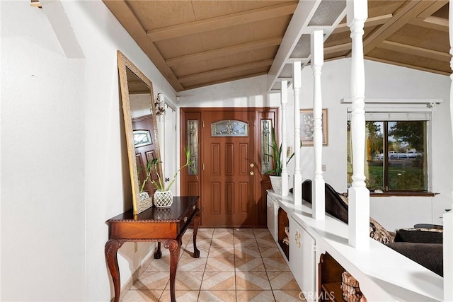 interior space featuring wooden ceiling, lofted ceiling with beams, and light tile patterned flooring