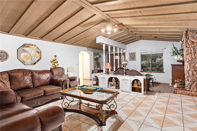 tiled living room with lofted ceiling, ceiling fan, and wooden ceiling