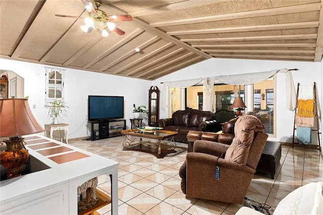 living room featuring wooden ceiling, light tile patterned floors, vaulted ceiling with beams, and ceiling fan