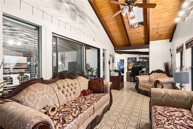 sunroom / solarium with ceiling fan, lofted ceiling with skylight, and wooden ceiling