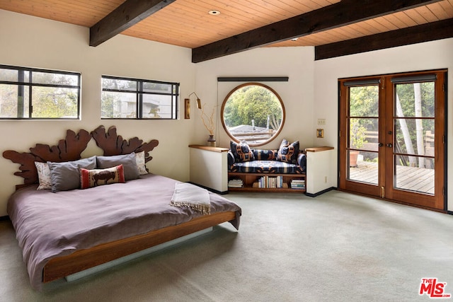 carpeted bedroom featuring access to outside, wood ceiling, beam ceiling, and french doors