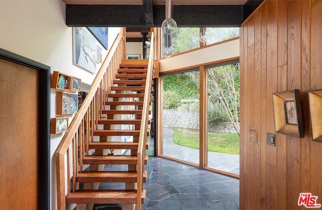 stairs with wooden walls