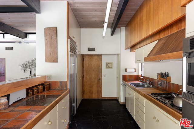 kitchen with wood ceiling, beamed ceiling, tile countertops, premium range hood, and sink