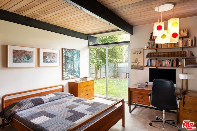 bedroom with wood ceiling, beam ceiling, multiple windows, and access to exterior