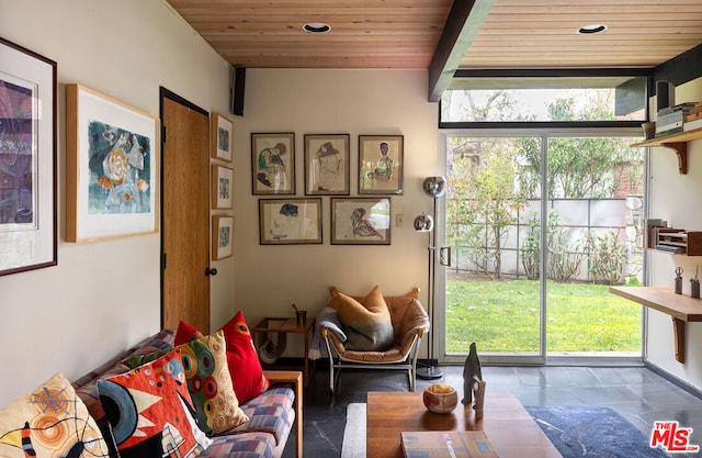 living room with wood ceiling