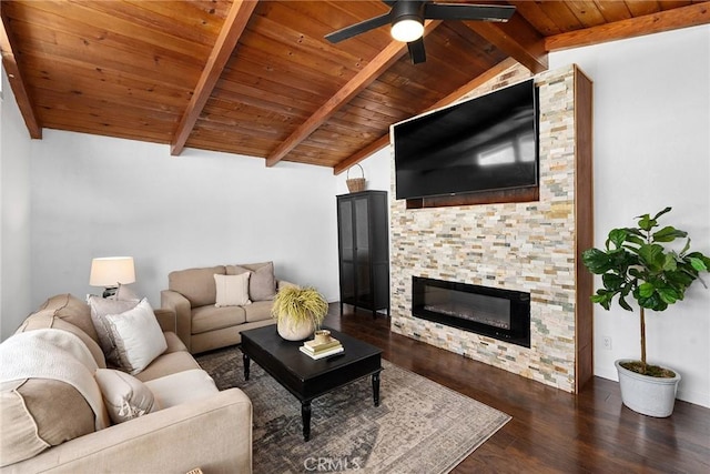 living room featuring wood ceiling, dark hardwood / wood-style flooring, a fireplace, vaulted ceiling with beams, and ceiling fan