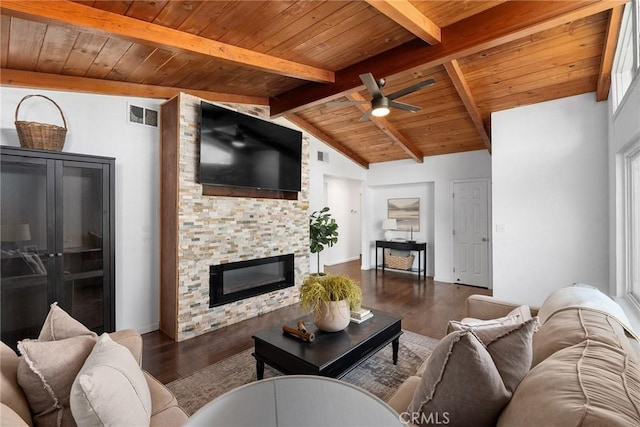 living room with wooden ceiling, a fireplace, dark hardwood / wood-style floors, and lofted ceiling with beams