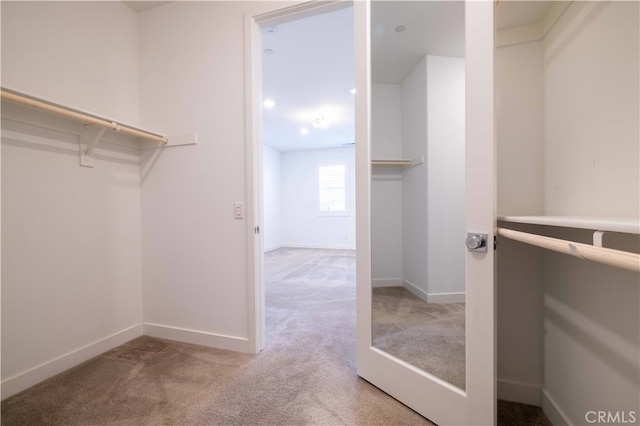 spacious closet featuring light carpet