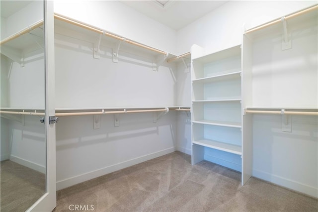 walk in closet with light colored carpet