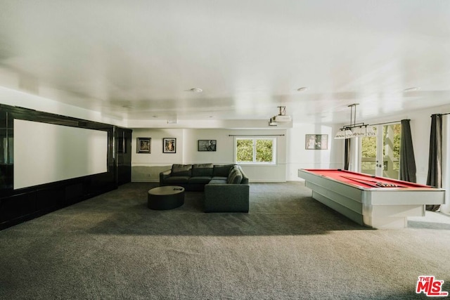 game room featuring dark carpet and billiards