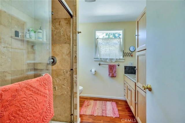 bathroom with a shower stall, vanity, baseboards, and wood finished floors