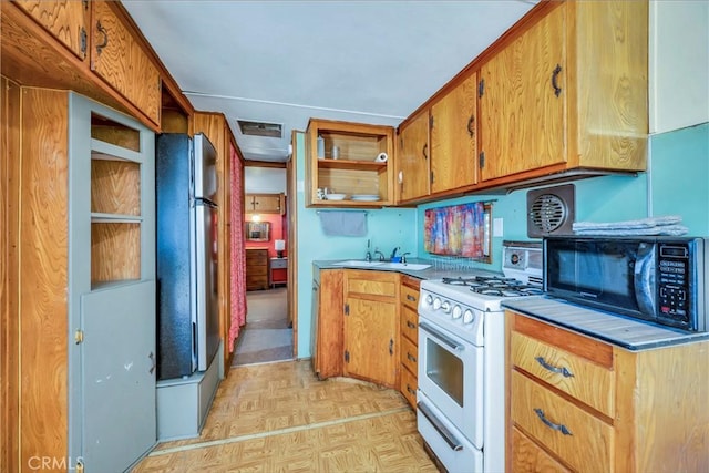 kitchen with sink, light parquet flooring, and stainless steel appliances