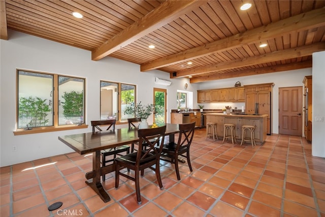 tiled dining space featuring wood ceiling, a wall unit AC, and beamed ceiling