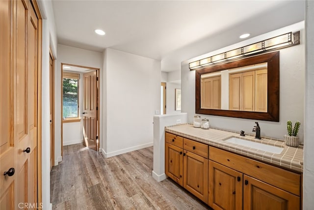 bathroom with hardwood / wood-style flooring and vanity