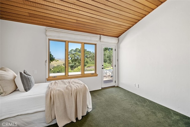 carpeted bedroom with access to outside, vaulted ceiling, and wooden ceiling