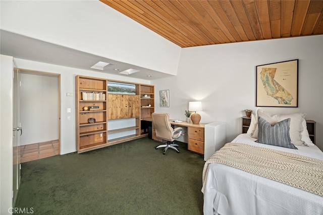 bedroom with dark colored carpet, lofted ceiling, and wooden ceiling