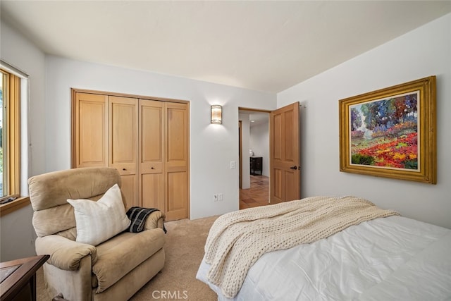 bedroom with a closet and light colored carpet