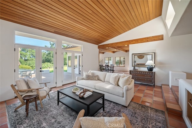 tiled living room with wooden ceiling, lofted ceiling, and french doors