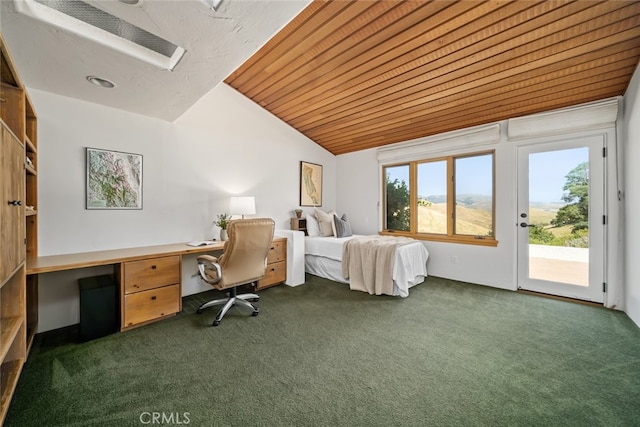 unfurnished bedroom with wood ceiling, lofted ceiling, dark carpet, and access to exterior