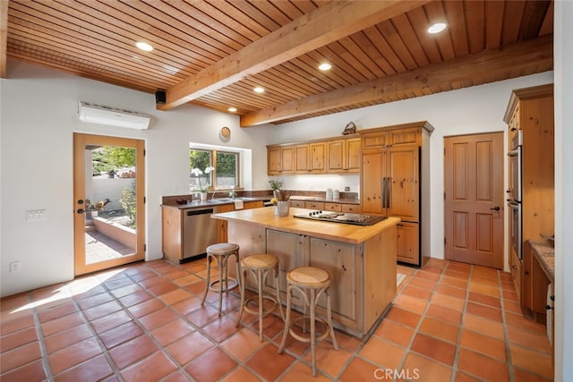 kitchen with wooden ceiling, a kitchen island, and stainless steel appliances