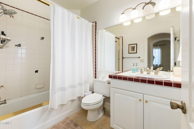 full bathroom with shower / bathtub combination with curtain, tile patterned flooring, vanity, and toilet