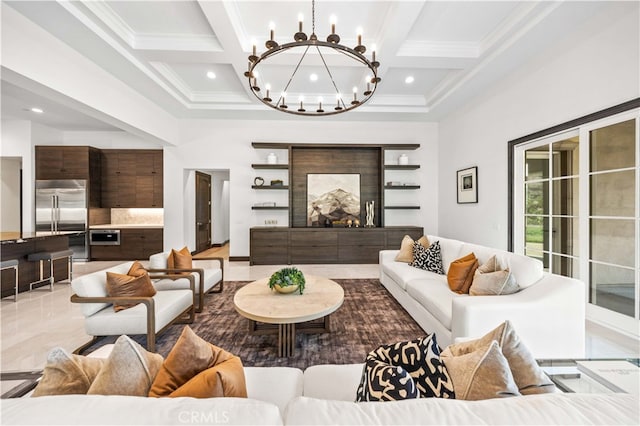 tiled living room featuring coffered ceiling, beamed ceiling, a notable chandelier, and a multi sided fireplace