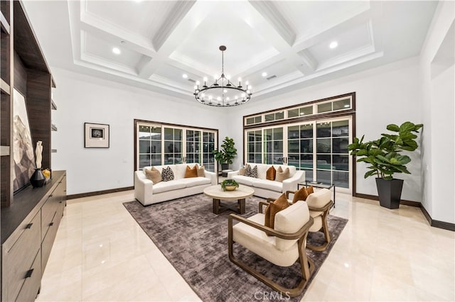 living room featuring coffered ceiling, a notable chandelier, and beam ceiling