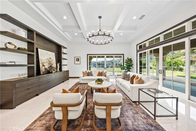 tiled dining room featuring coffered ceiling, beamed ceiling, a chandelier, and a wealth of natural light