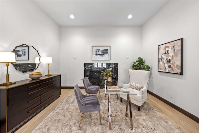 living area featuring light hardwood / wood-style flooring and a fireplace