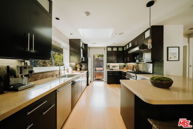 kitchen featuring pendant lighting, stainless steel appliances, light hardwood / wood-style flooring, a skylight, and sink