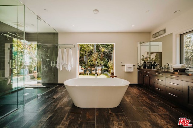 bathroom featuring plus walk in shower, hardwood / wood-style flooring, and vanity