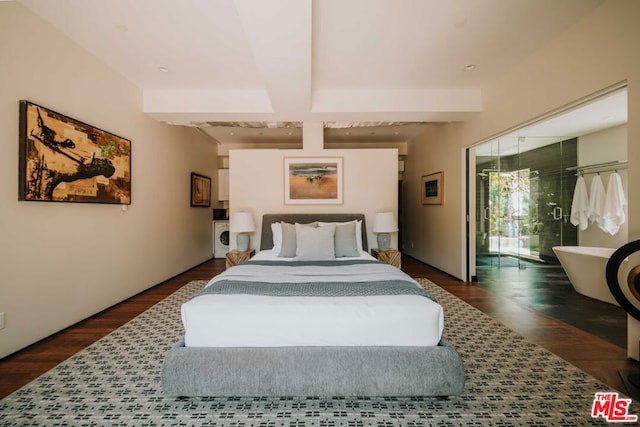 bedroom with coffered ceiling, beamed ceiling, washer / dryer, access to outside, and dark hardwood / wood-style floors