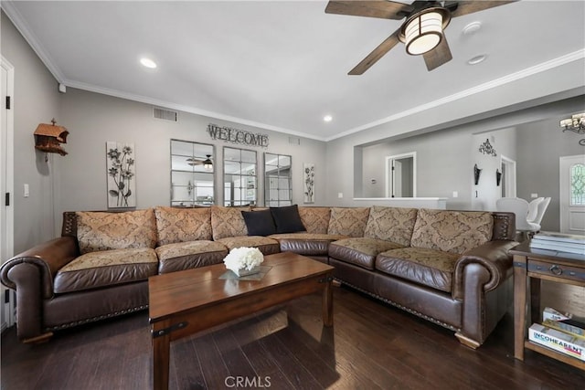 living room with ceiling fan with notable chandelier, dark hardwood / wood-style flooring, and crown molding