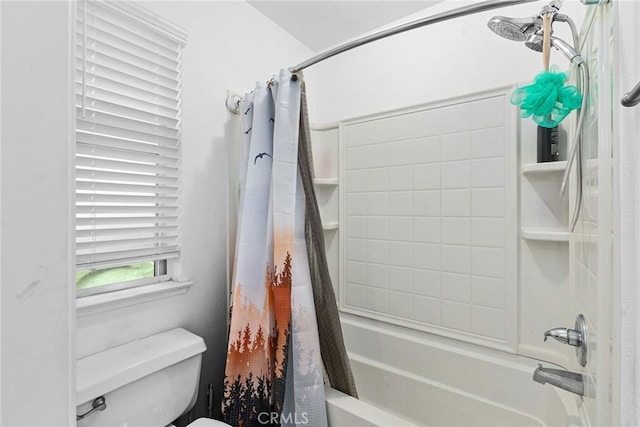 bathroom featuring shower / bathtub combination with curtain and toilet