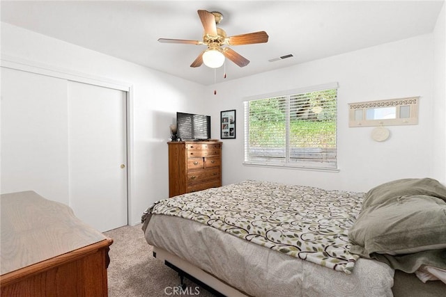 bedroom with carpet, ceiling fan, and a closet