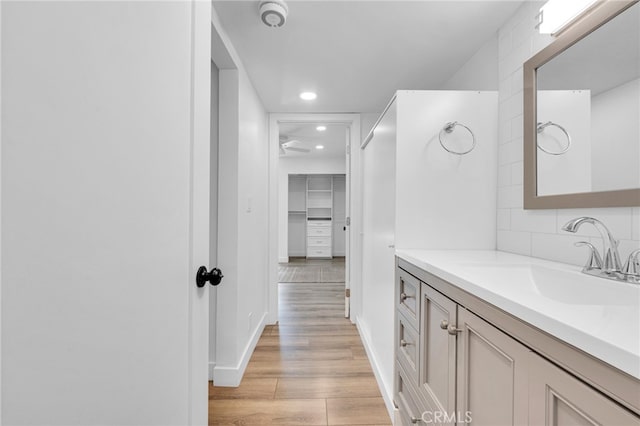 bathroom with wood-type flooring and vanity