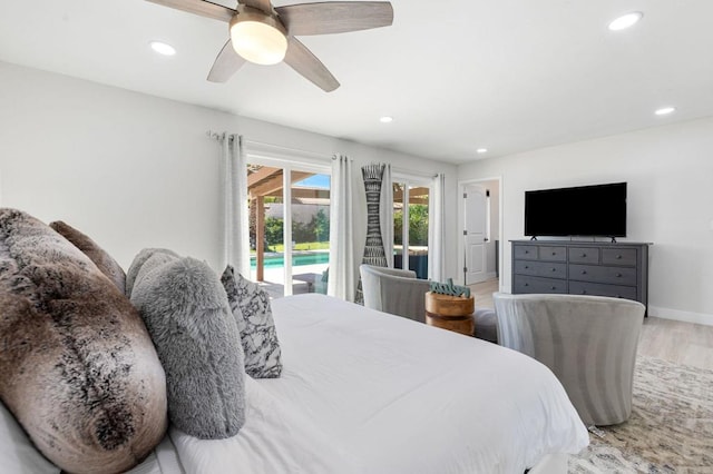 bedroom with hardwood / wood-style flooring, ceiling fan, and access to outside