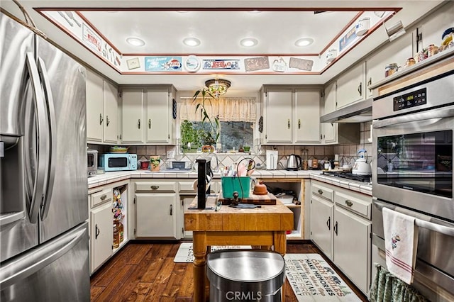 179 Golf Course Rd, Lake Arrowhead, CA 92317 - kitchen featuring stainless steel appliances, tile counters, dark wood finished floors, backsplash, and recessed lighting