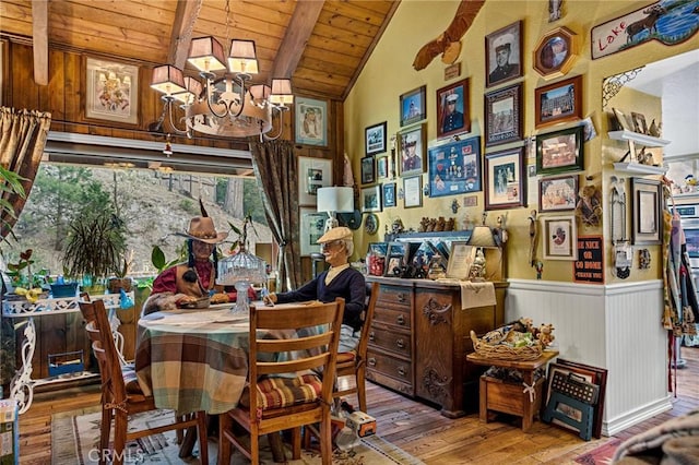 179 Golf Course Rd, Lake Arrowhead, CA 92317 - dining space featuring wood ceiling, hardwood / wood-style flooring, a chandelier, and wainscoting