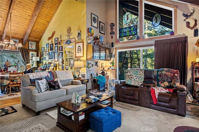 179 Golf Course Rd, Lake Arrowhead, CA 92317 - carpeted living area featuring high vaulted ceiling and a wood ceiling with exposed beams