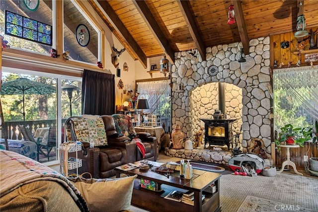179 Golf Course Rd, Lake Arrowhead, CA 92317 - living area featuring a wood ceiling with exposed beams, a wood stove, and high vaulted ceiling