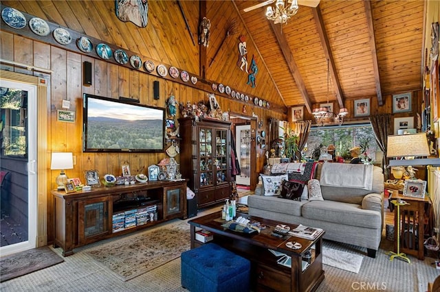 179 Golf Course Rd, Lake Arrowhead, CA 92317 - living area featuring a wood ceiling with exposed beams, wooden walls, high vaulted ceiling, and carpet