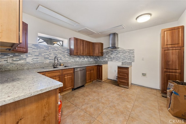 kitchen featuring dishwasher, sink, wall chimney range hood, and decorative backsplash