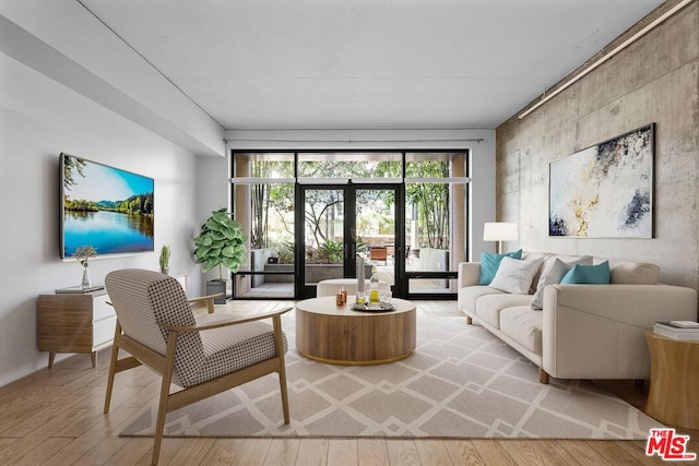 living room featuring french doors and wood-type flooring